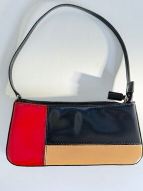 Y2K Stylish Colorblock Patent Leather Shoulder Bag - Red, Black & Tan